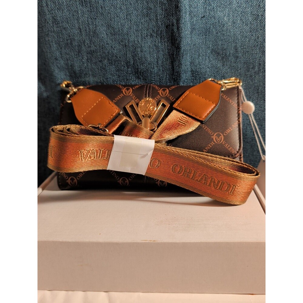 NWT Valentino Orlandi Crossbody Bag Brown Monogram Wallet Purse Gold V Lock New - Picture 10 of 16